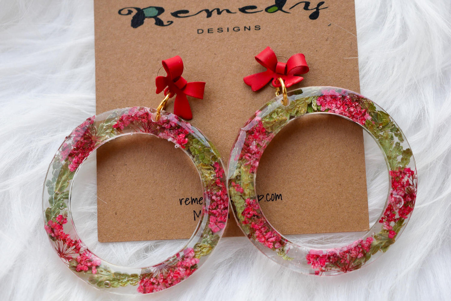 Christmas Wreath Earrings with Bow Stud Toppers | Handmade Resin Hoops with Juniper & Red Flowers | Lightweight Hypoallergenic Holiday Jewel