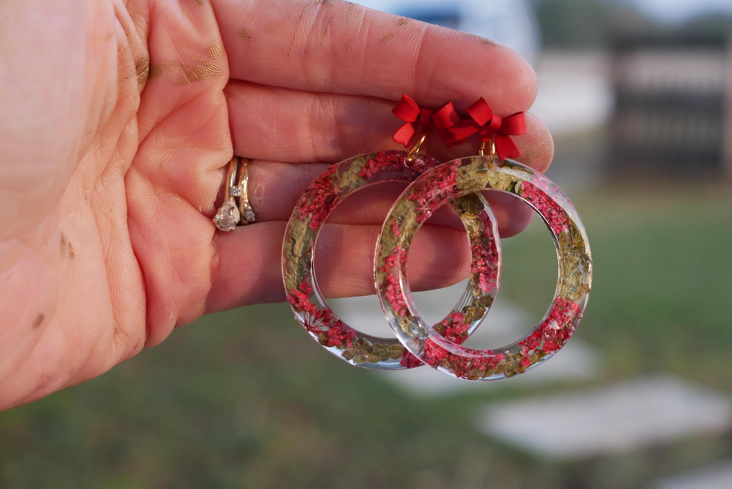 Christmas Wreath Earrings with Bow Stud Toppers | Handmade Resin Hoops with Juniper & Red Flowers | Lightweight Hypoallergenic Holiday Jewel