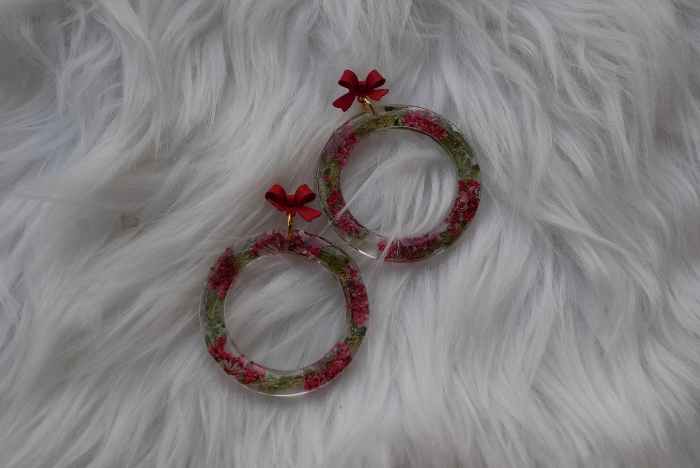 Christmas Wreath Earrings with Bow Stud Toppers | Handmade Resin Hoops with Juniper & Red Flowers | Lightweight Hypoallergenic Holiday Jewel