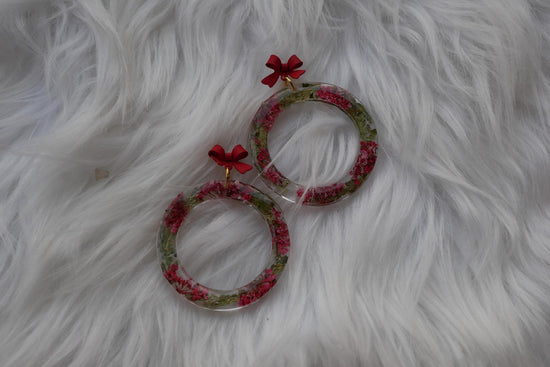 Christmas Wreath Earrings with Bow Stud Toppers | Handmade Resin Hoops with Juniper & Red Flowers | Lightweight Hypoallergenic Holiday Jewel