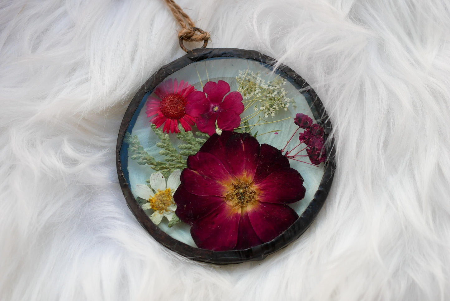 Pressed sunflower  glass ornament hand soldered pressed flower ornament