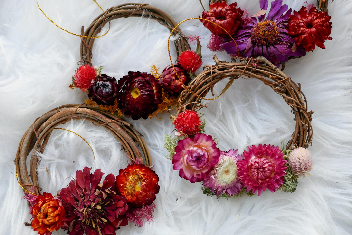 Mini dried flower wreath ornaments, grapevine wreath with farm flowers