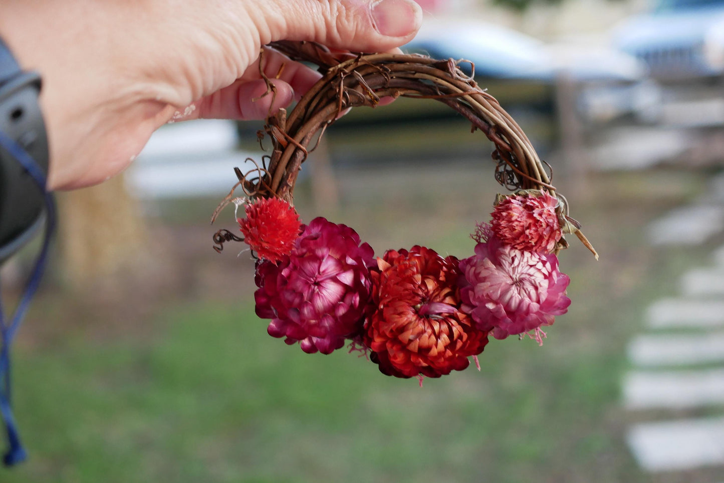 Mini dried flower wreath ornaments, grapevine wreath with farm flowers