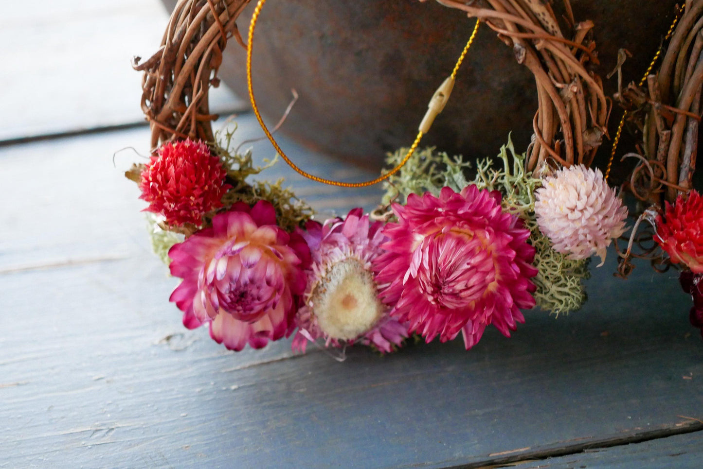 Mini dried flower wreath ornaments, grapevine wreath with farm flowers