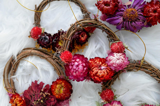 Mini dried flower wreath ornaments, grapevine wreath with farm flowers