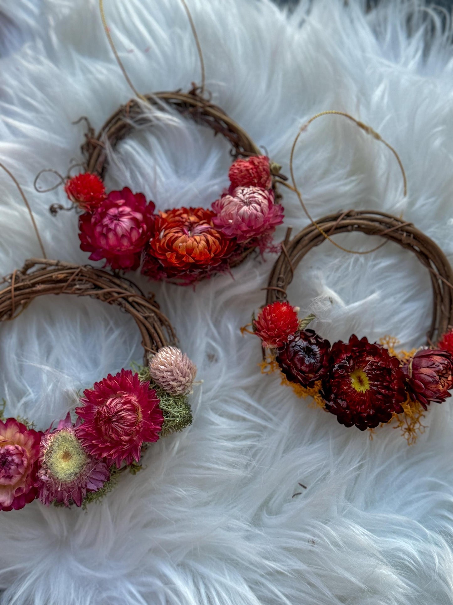 Mini dried flower wreath ornaments, grapevine wreath with farm flowers