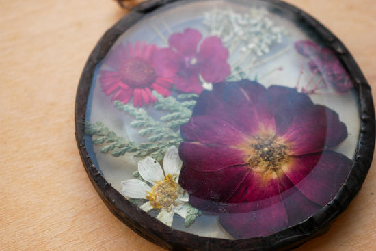 Pressed sunflower  glass ornament hand soldered pressed flower ornament