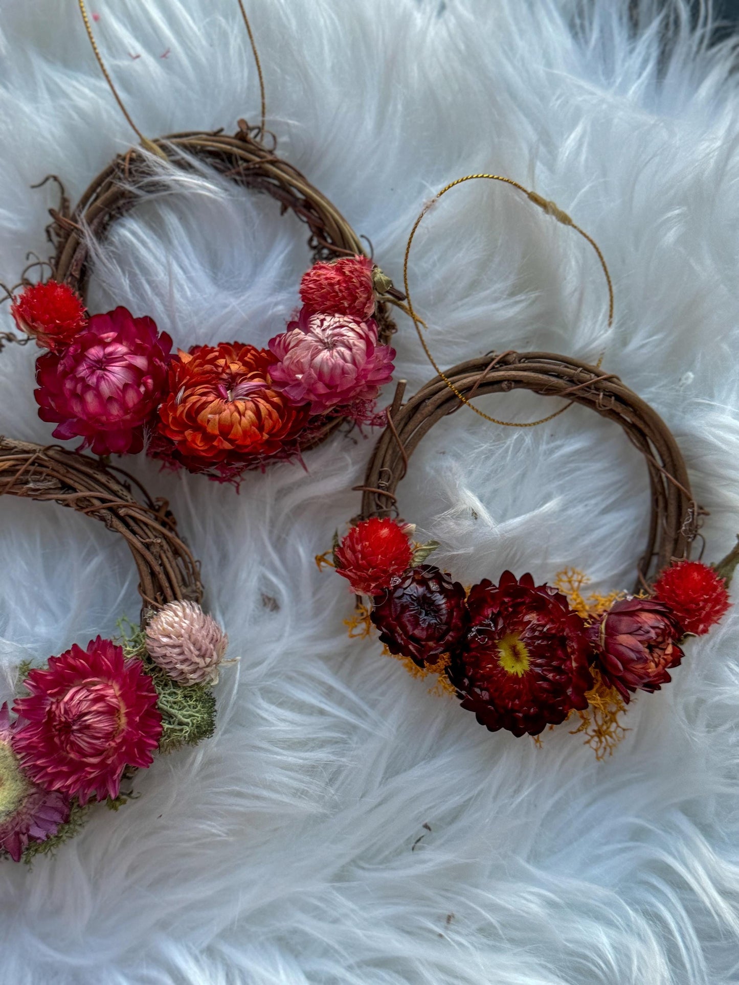 Mini dried flower wreath ornaments, grapevine wreath with farm flowers