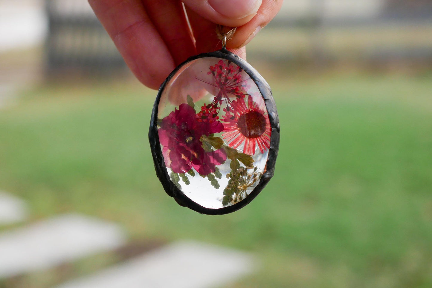 Pressed flower glass ornament, real flower ornament, hand soldered pressed flower ornament