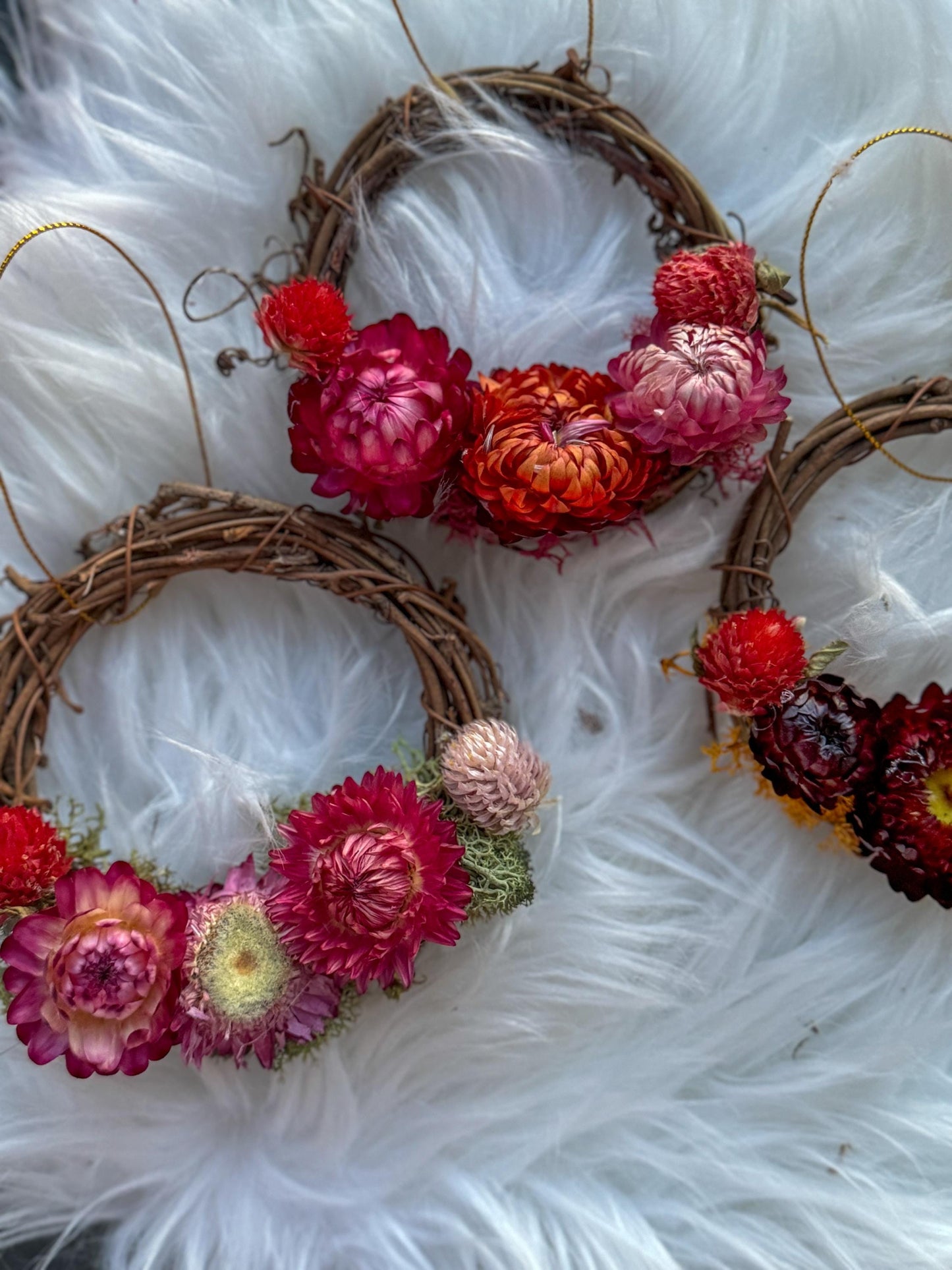 Mini dried flower wreath ornaments, grapevine wreath with farm flowers