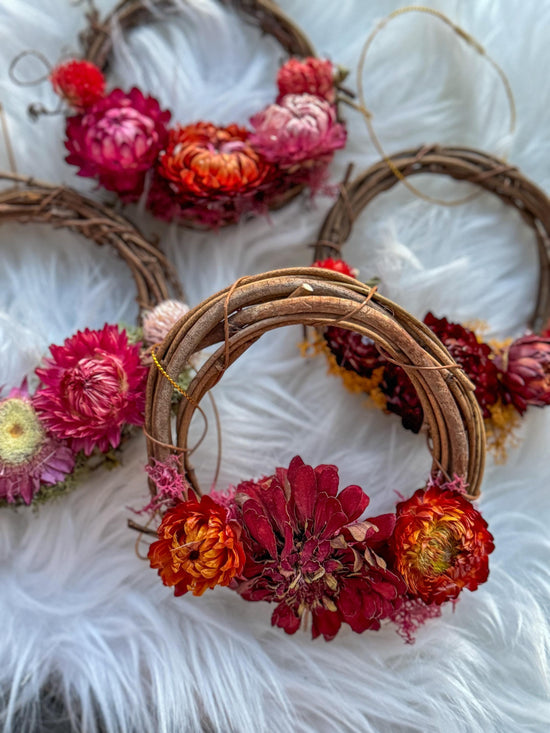 Mini dried flower wreath ornaments, grapevine wreath with farm flowers