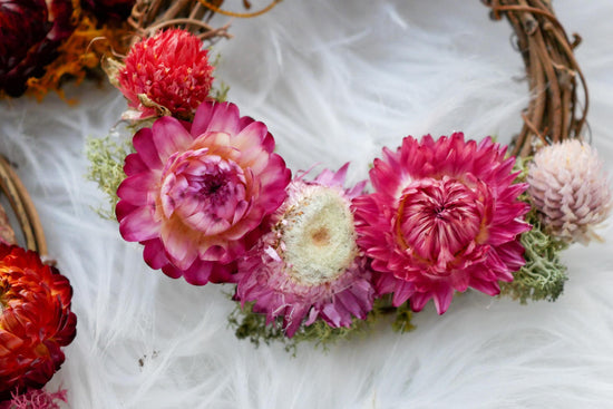 Mini dried flower wreath ornaments, grapevine wreath with farm flowers