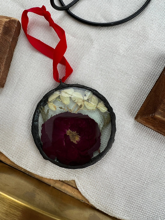 Pressed rose glass ornament, real flower ornament, hand soldered pressed flower ornament