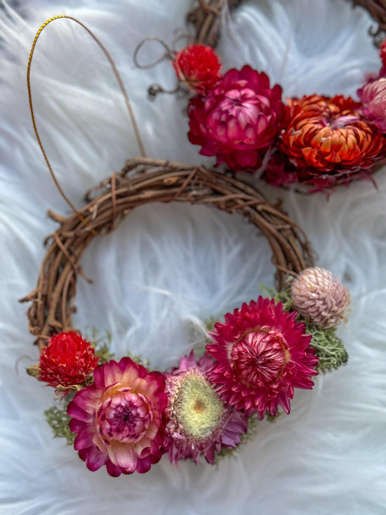 Mini dried flower wreath ornaments, grapevine wreath with farm flowers