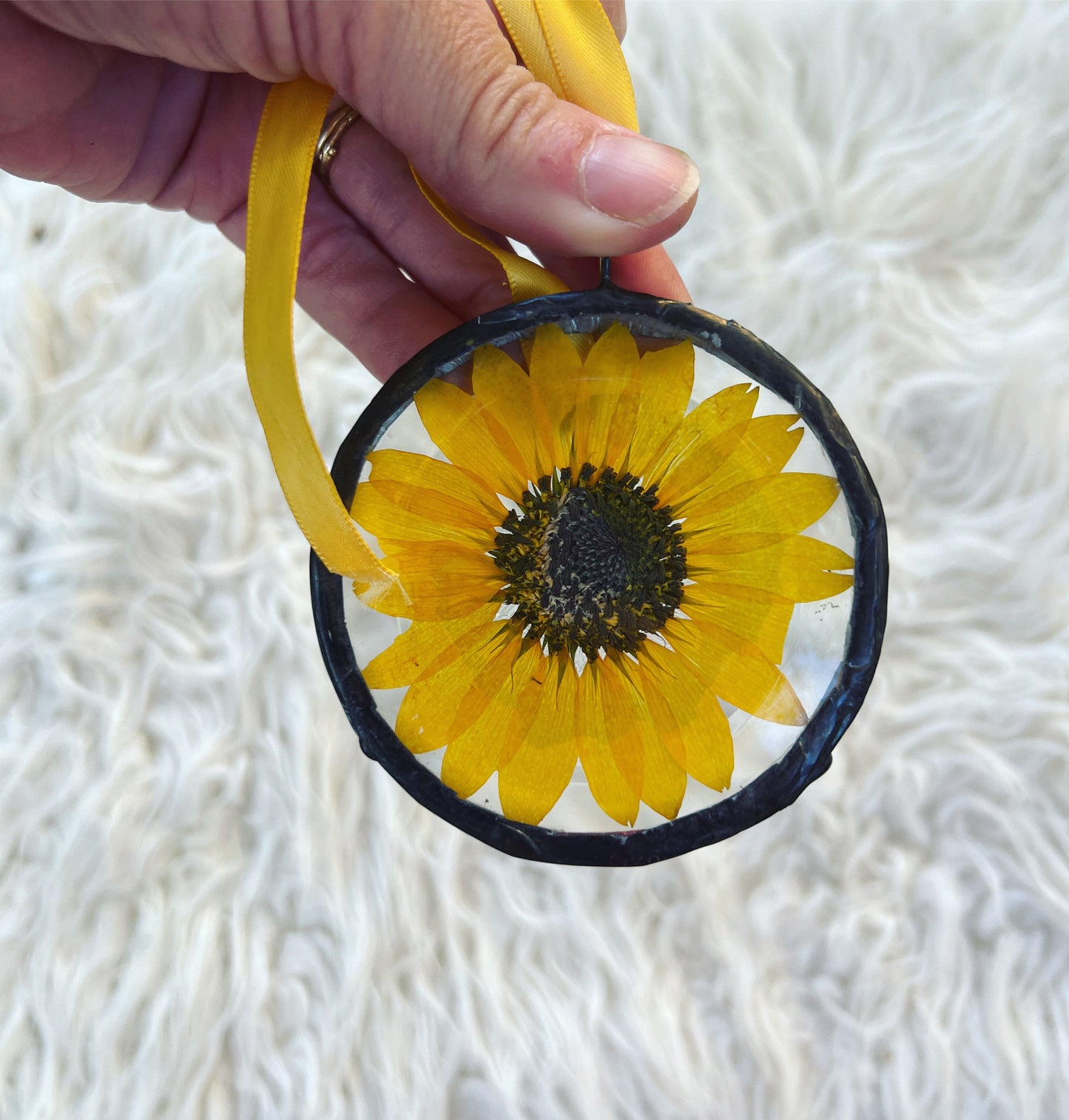 Pressed sunflower  glass ornament hand soldered pressed flower ornament