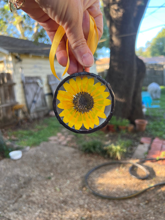 Pressed sunflower  glass ornament hand soldered pressed flower ornament