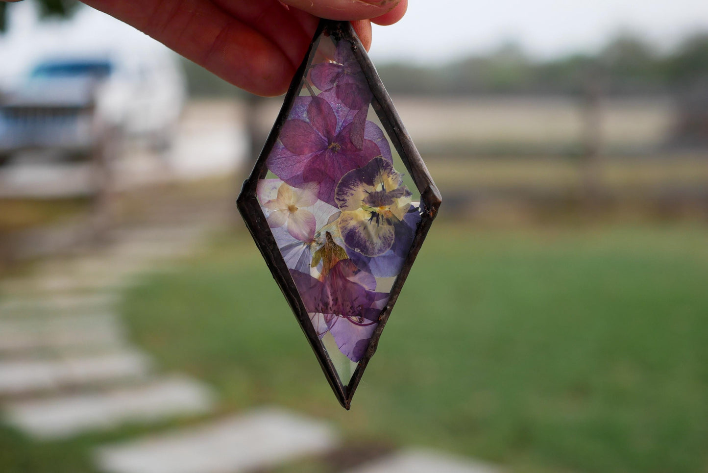 Pressed flower ornament,  hand soldered pressed flower ornament diamond