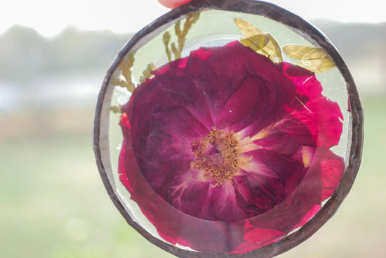 Pressed rose glass ornament, real flower ornament, hand soldered pressed flower ornament