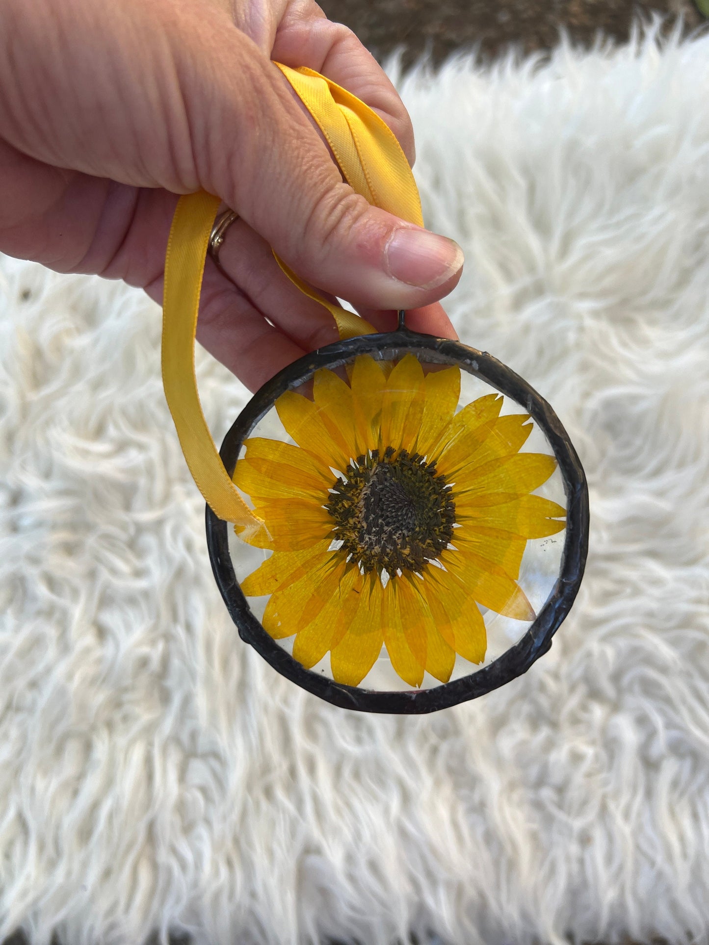 Pressed sunflower  glass ornament hand soldered pressed flower ornament