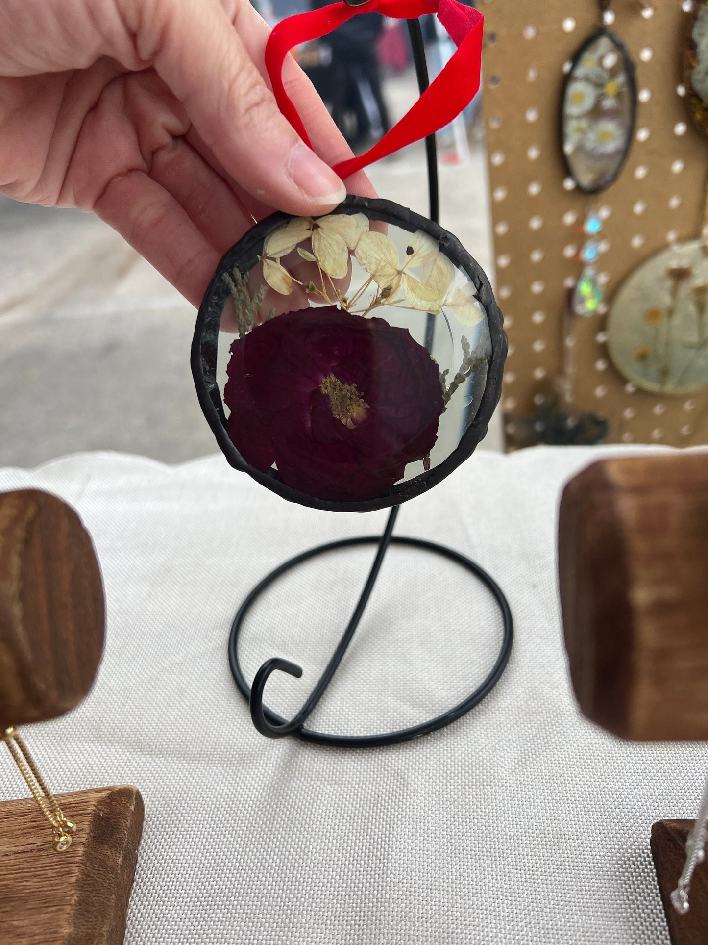 Pressed rose glass ornament, real flower ornament, hand soldered pressed flower ornament