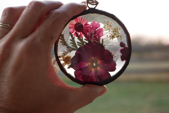 Pressed sunflower  glass ornament hand soldered pressed flower ornament