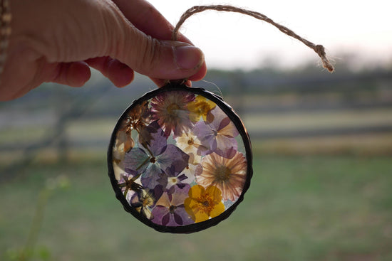 Pressed sunflower  glass ornament hand soldered pressed flower ornament