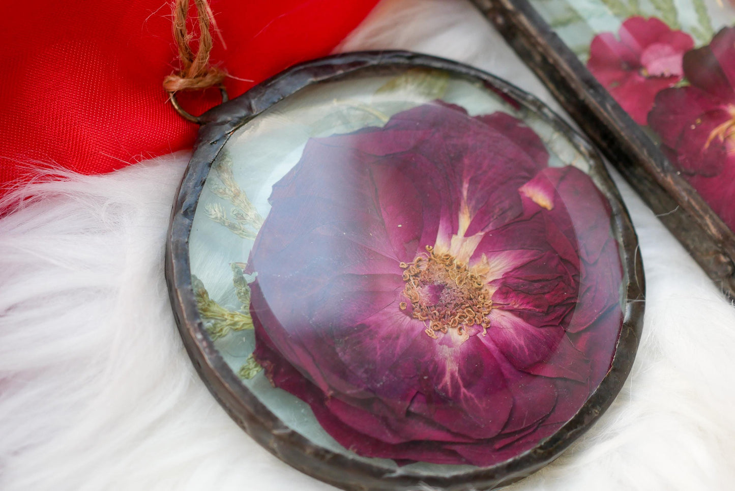 Pressed rose glass ornament, real flower ornament, hand soldered pressed flower ornament