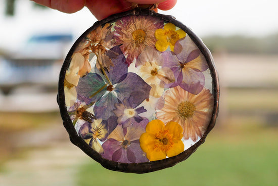 Pressed flower glass ornament, jewel toned Christmas ornamant