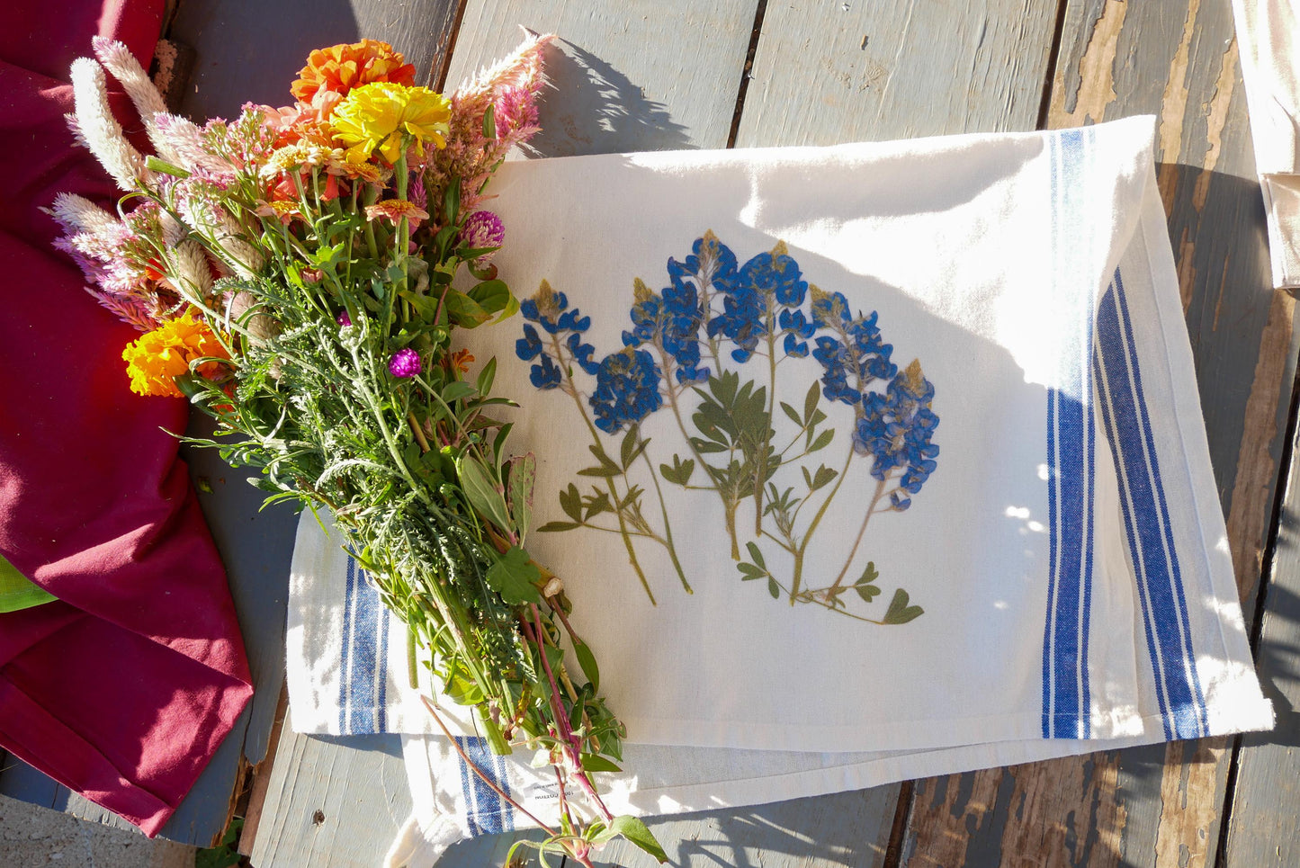 Texas Bluebonnet Dish Towel | Farm-Grown Pressed Flower Print | Vintage Style Cotton Kitchen Towel | Perfect Gift for Homesick Texans