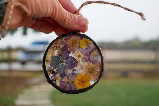 Pressed flower glass ornament, jewel toned Christmas ornamant