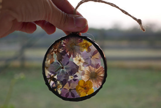 Pressed flower glass ornament, jewel toned Christmas ornamant