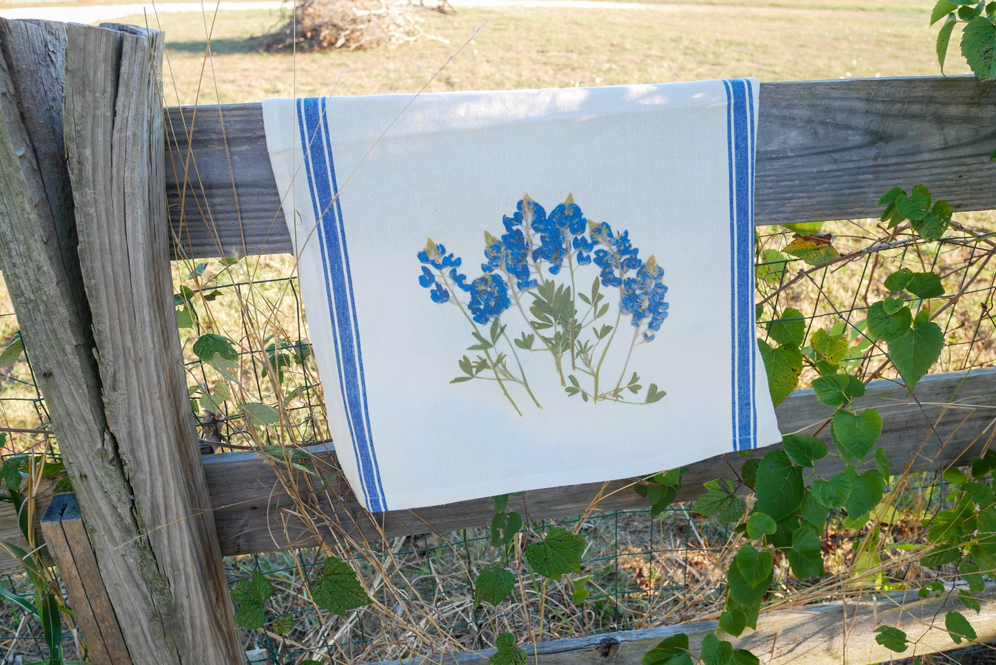 Texas Bluebonnet Dish Towel | Farm-Grown Pressed Flower Print | Vintage Style Cotton Kitchen Towel | Perfect Gift for Homesick Texans