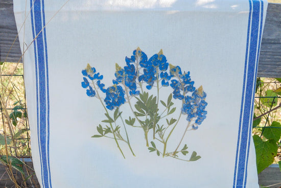 Texas Bluebonnet Dish Towel | Farm-Grown Pressed Flower Print | Vintage Style Cotton Kitchen Towel | Perfect Gift for Homesick Texans