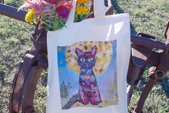 Pressed Flower cat Tote Bag | cat lover tote bag gift