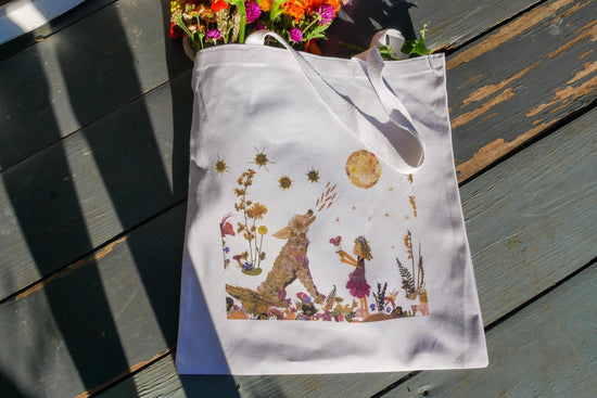 Pressed Flower heart Tote Bag | romantic nature botanical reusable bag