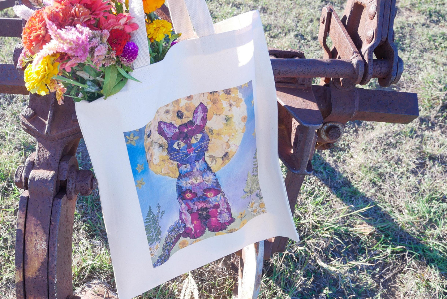 Pressed Flower cat Tote Bag | cat lover tote bag gift