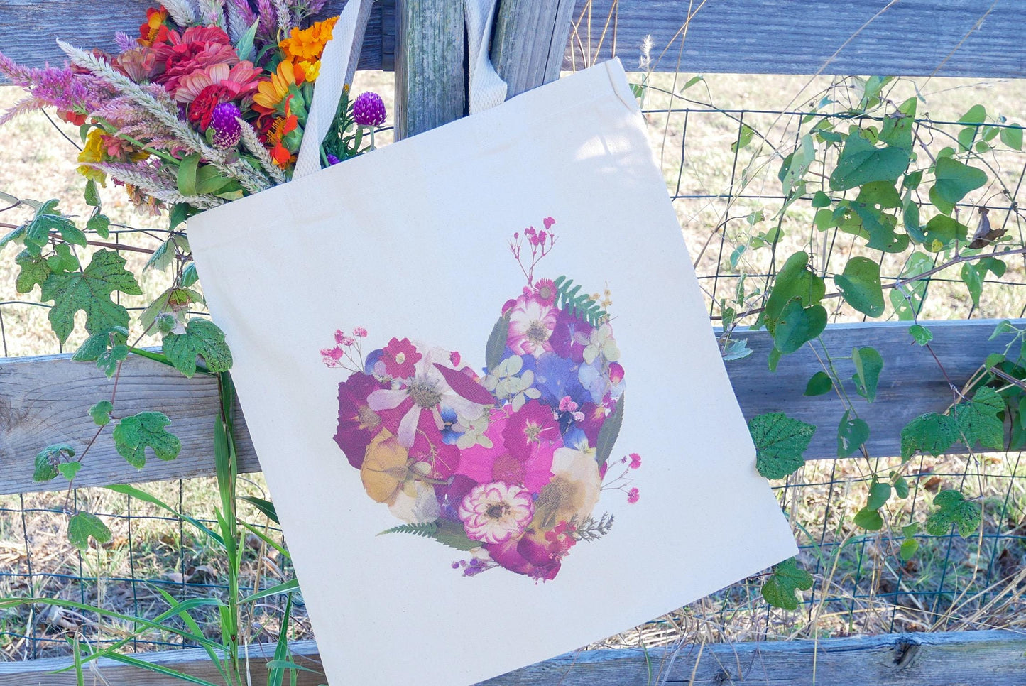 Pressed Flower heart Tote Bag | romantic nature botanical reusable bag