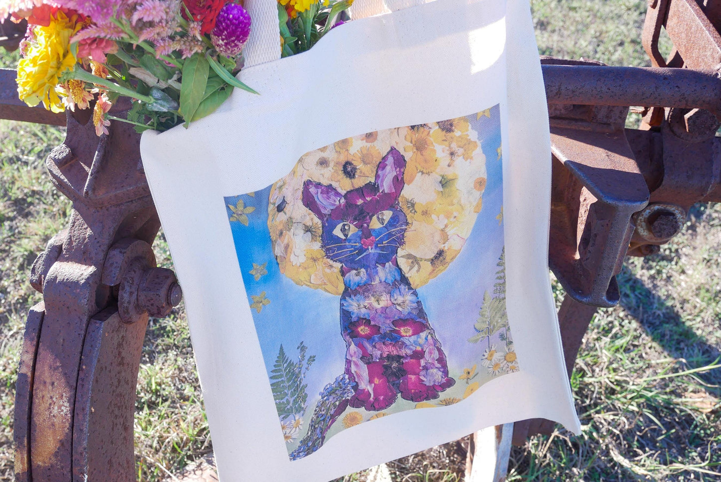 Pressed Flower cat Tote Bag | cat lover tote bag gift