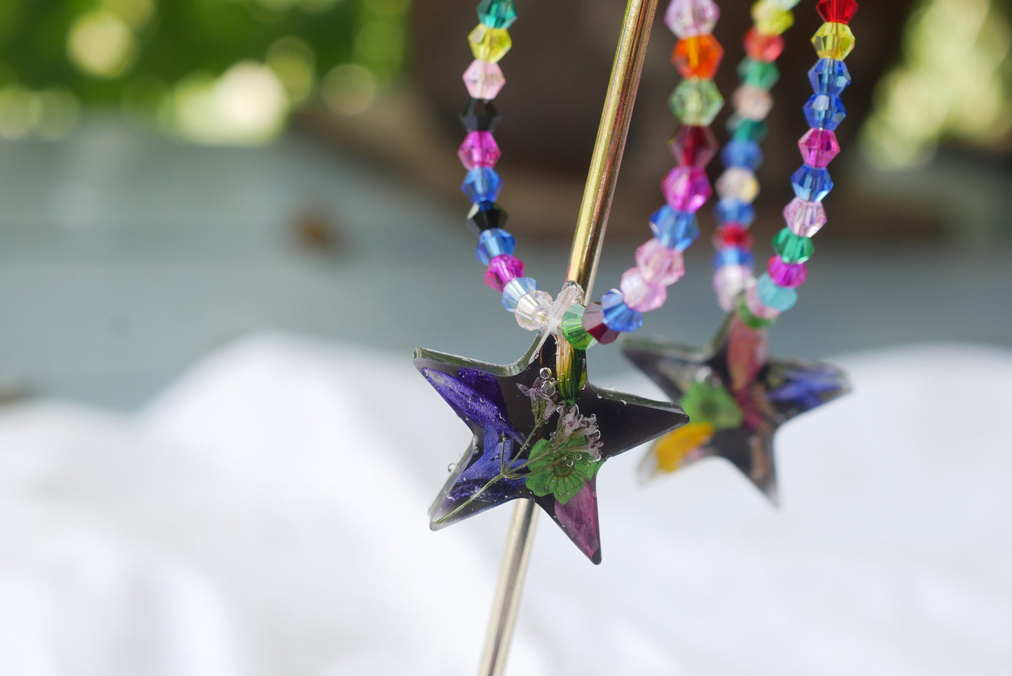 Rainbow Pressed Flower Black Star Hoop Earrings – 30mm Beaded Statement Hoops