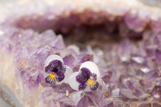 Tiny pansy heart stud earrings