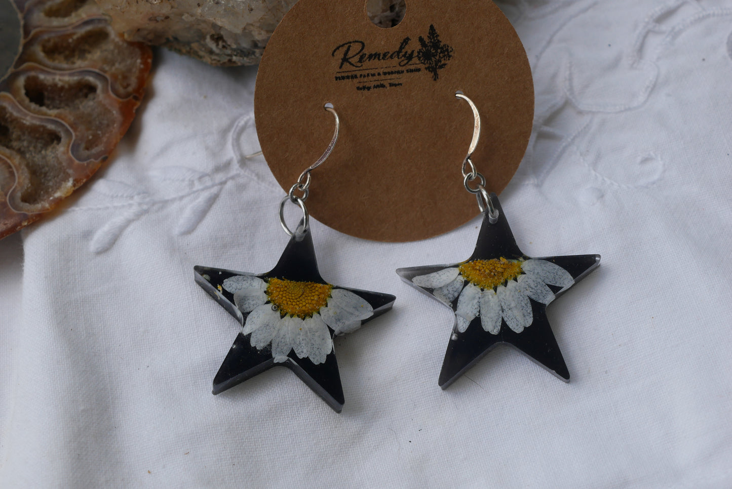 Black Daisy Star Dangle Earrings – Real Pressed Daisy Botanical Earrings – Celestial Statement Jewelry