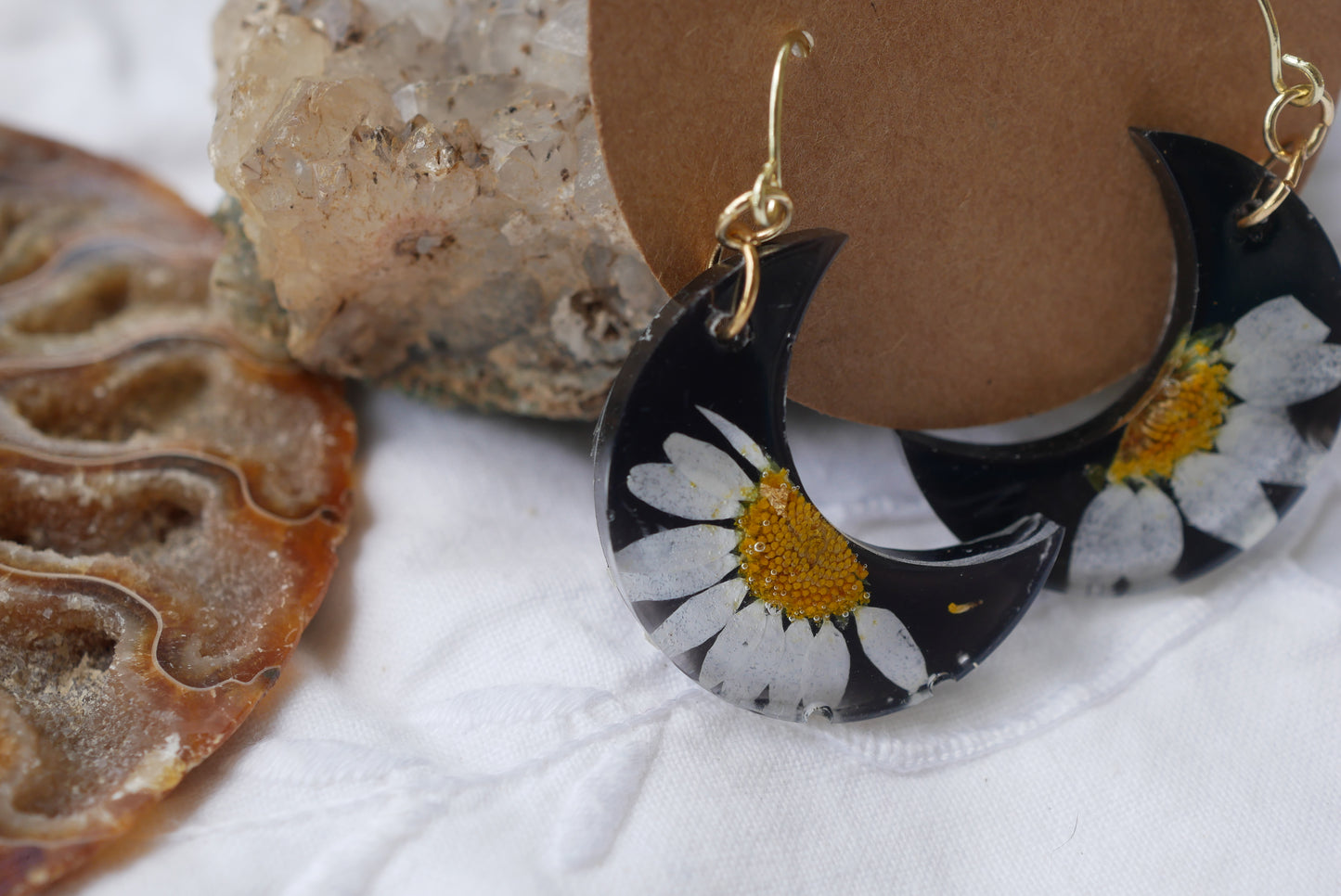 Black Daisy Moon Dangle Earrings – Real Pressed Daisy Botanical Earrings – Celestial Statement Jewelry
