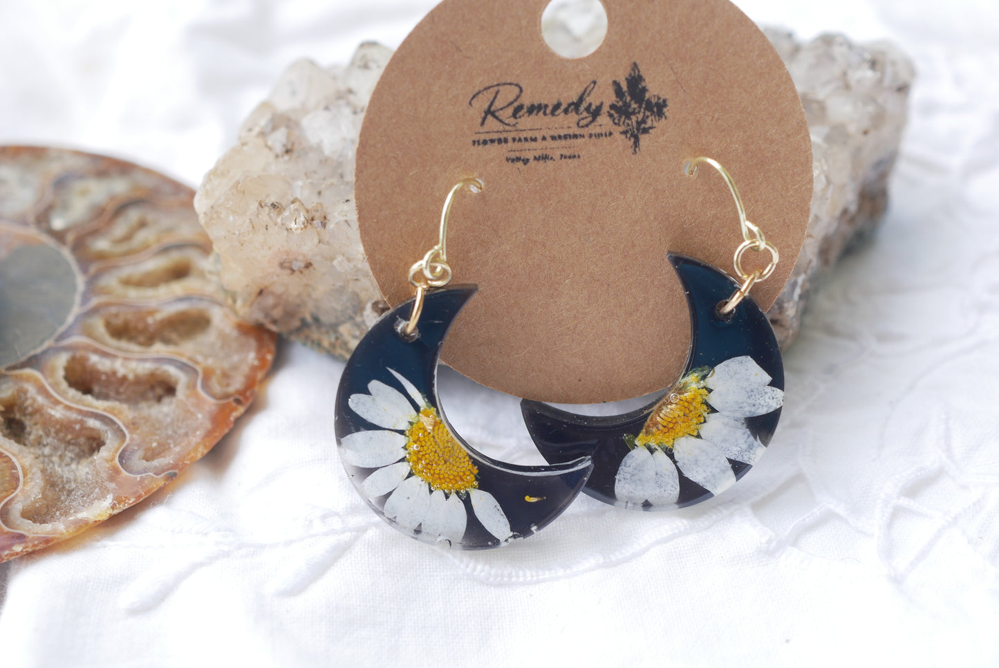 Black Daisy Moon Dangle Earrings – Real Pressed Daisy Botanical Earrings – Celestial Statement Jewelry
