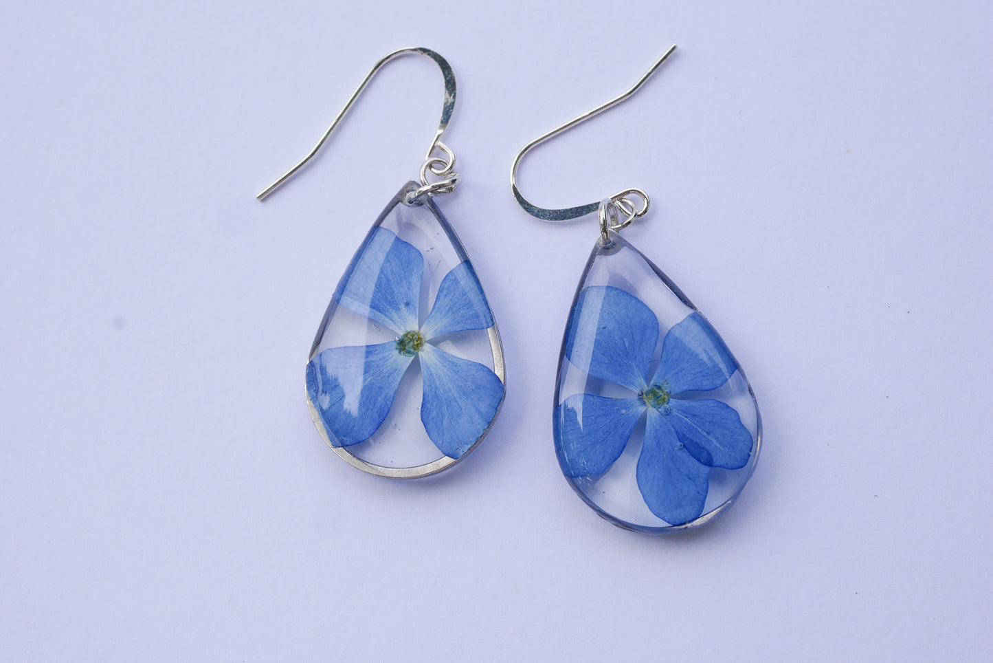 Pressed blue hydrangea teardrop earrings