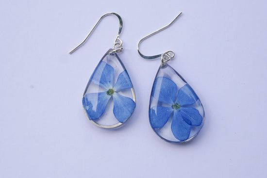 Pressed blue hydrangea teardrop earrings