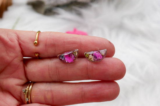 Dainty Pressed Flower Half-Moon Earrings – Real Rainbow Baby’s Breath – Gold or Silver – Lightweight Resin Earrings