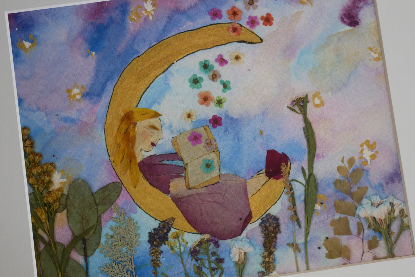 Pressed Flower Moon Reader Print - Girl Reading, Floral Design