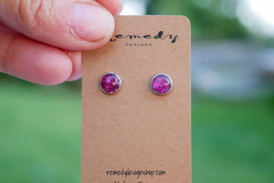 Real Birth Flower Stud Earrings – Tiny 6mm Gold or Silver Hypoallergenic Posts | Genuine Birth Month Flower Jewelry