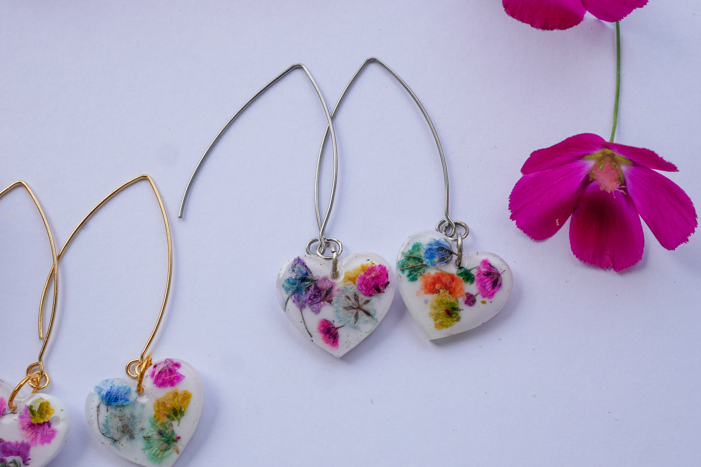 Rainbow baby's breath heart long dangles