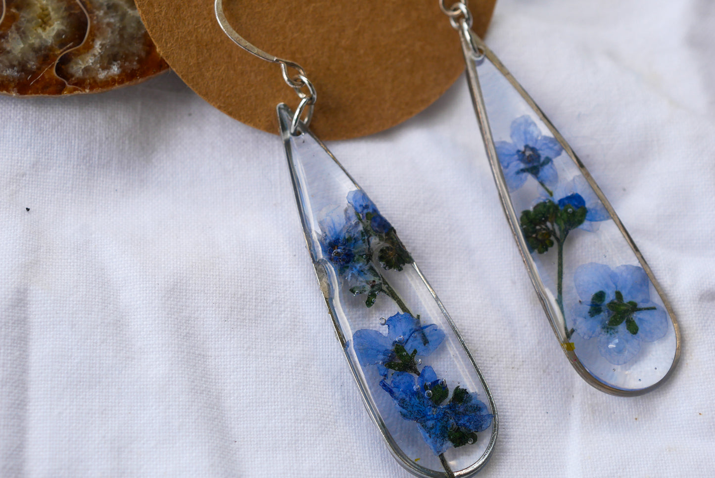 Pressed Forget-Me-Not Long Teardrop Earrings